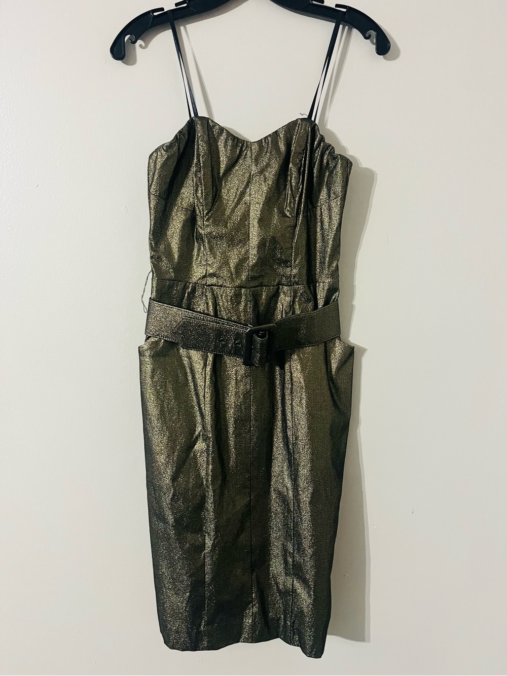 Vintage Y2K Caché Metallic Gold Bronze Strapless Belted Cocktail Dress Sz 4